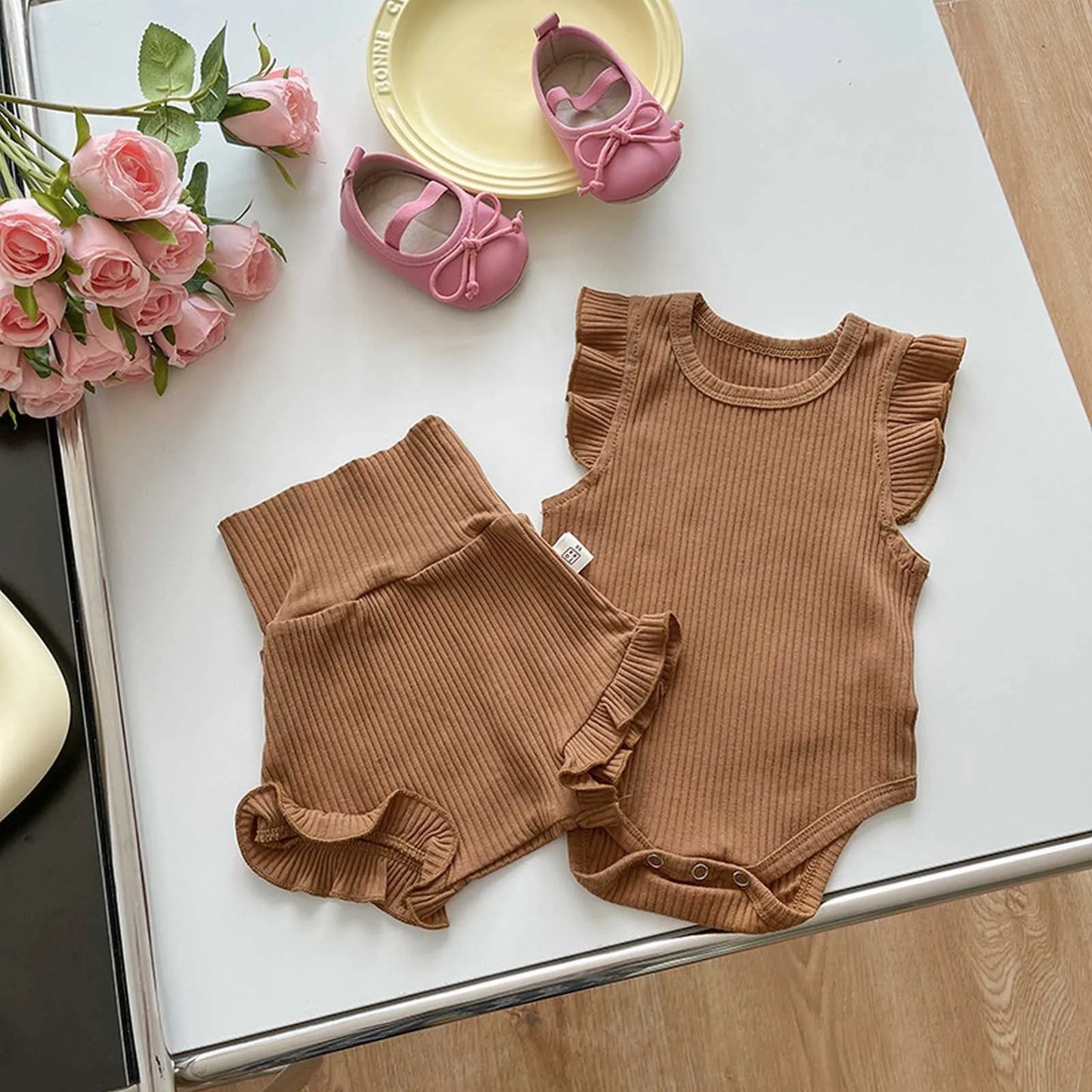 Summer Baby Suit Toddler Boys Girls Ruffle Romper+High Waist Shorts Solid Color Two Pieces Outfits Children's Home Clothes Set