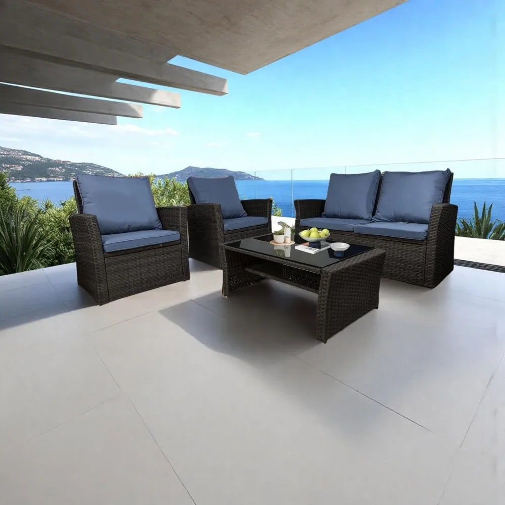 Patio Furniture Set, All-Weather Wicker Sectional Conversation Set with Tempered Glass Table & Cushioned Sofa,Outdoor Sofa