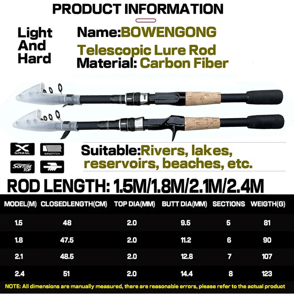 Bait Weight 8-25g Spinning Casting Rods Fishing Pole Tackle 1.5M/1.8M/2.1M/2.4M Telescopic Lure Rod Carbon Cork Wood Handle New