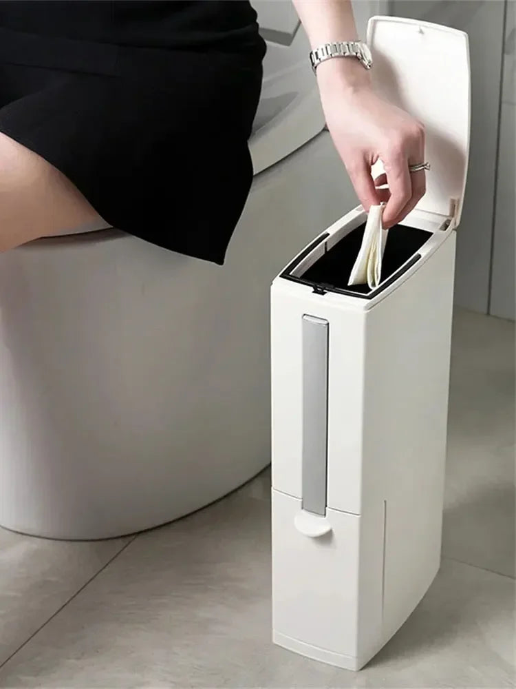 Bathroom Plastic Trash Can with Toilet Brush Waste Bin Narrow Dustbin Garbage Bucket Bathroom Kitchen Household Cleaning Tools