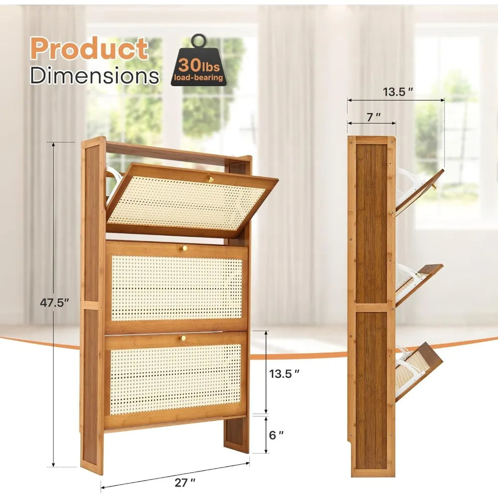 Thin Bamboo Shoe Cabinet with 3 Drawers, 47'' Narrow Slim Freestanding Hidden Shoe Storage for Entryway Living Room Hallway