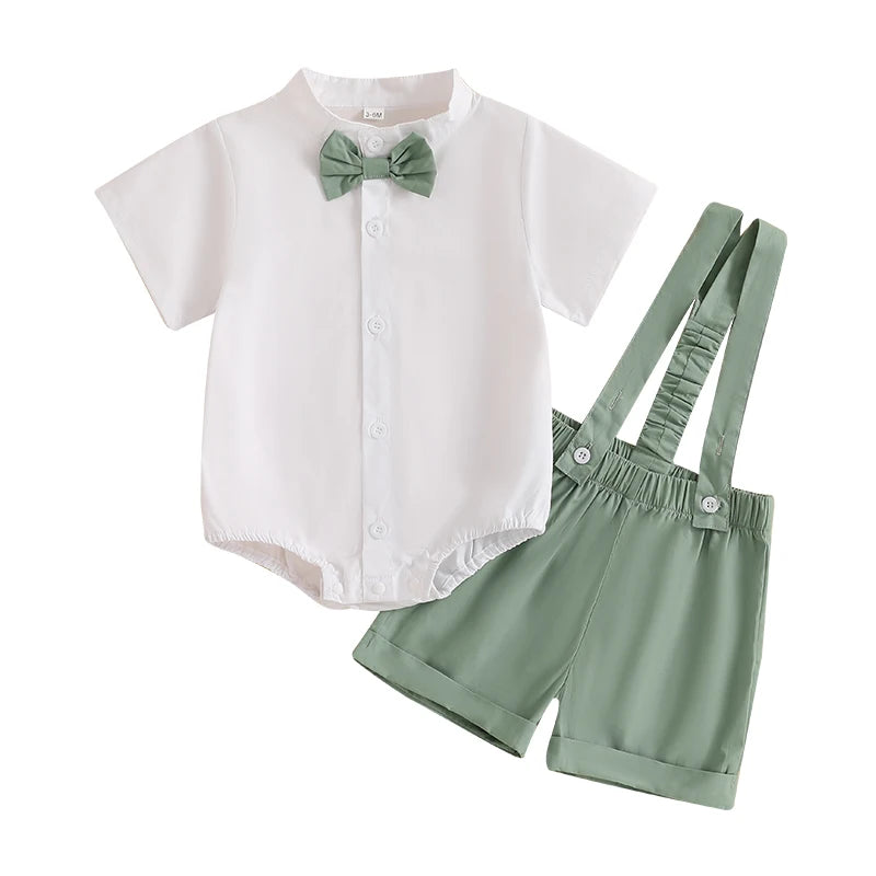 2024-12-04 Lioraitiin Summer Toddler Boys Clothes Set Gentleman Outfit Solid Color Short Sleeve Romper with Suspender Shorts Set