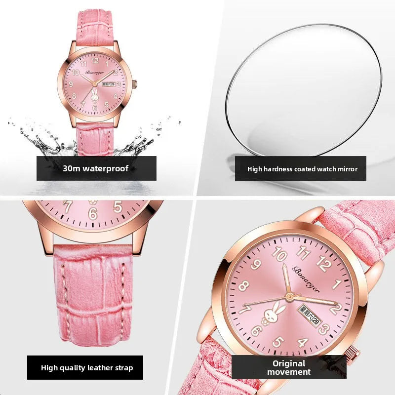 Girls' Rabbit Luminous Watch – Waterproof Cute Wristwatch for Teens, Women’s Casual Quartz Watch