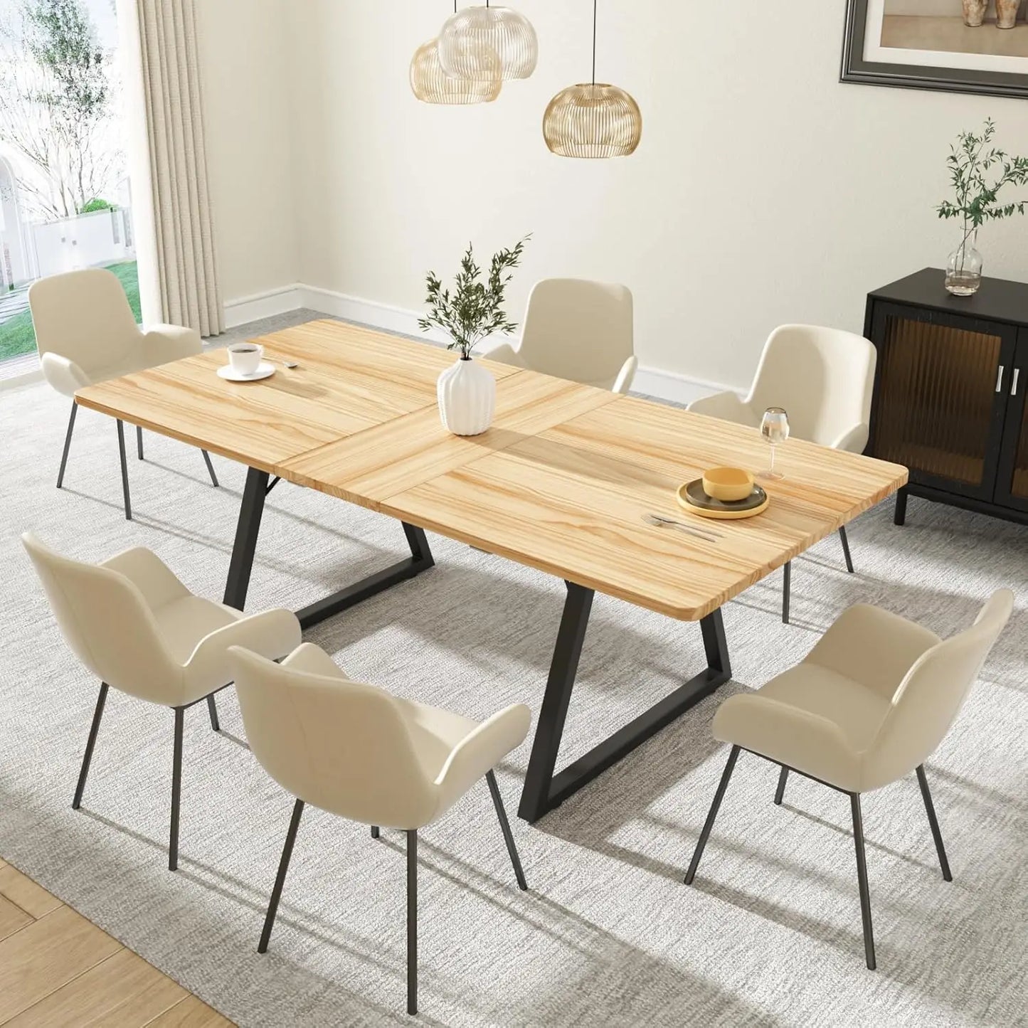 Vabches Extendable Dining Table for 4-6, 67" Wood Rectangle Kitchen Table Modern Large Dining Room Table Space Saving Furniture