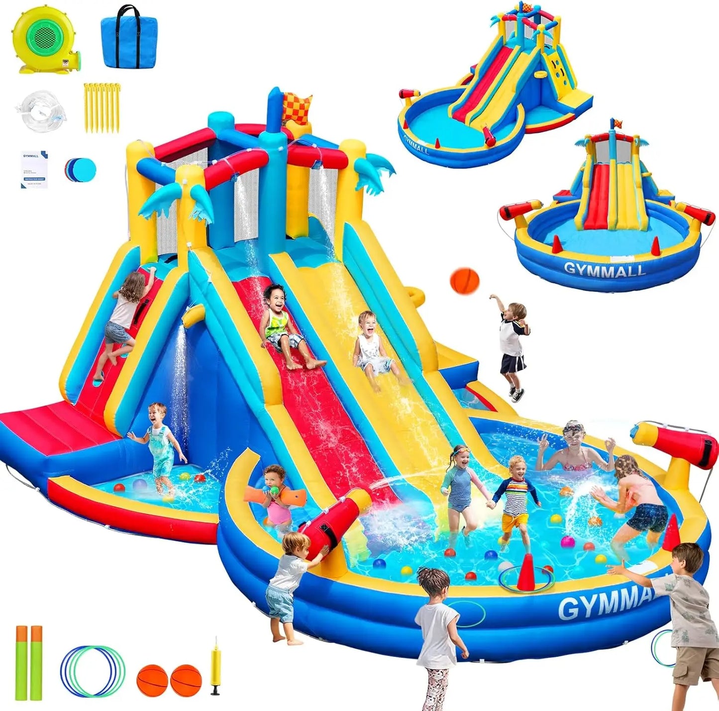 Inflatable Water Slide Bounce House with 550 W Blower, Blow up 8-in-1 Waterslide Park Bouncy Castle for Kids Outdoor and Indoor,