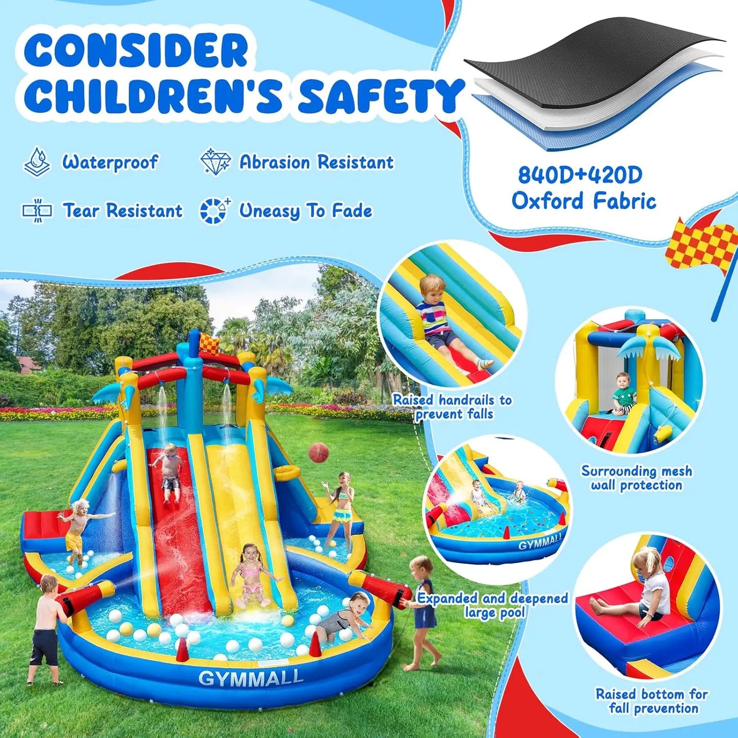 Inflatable Water Slide Bounce House with 550 W Blower, Blow up 8-in-1 Waterslide Park Bouncy Castle for Kids Outdoor and Indoor,