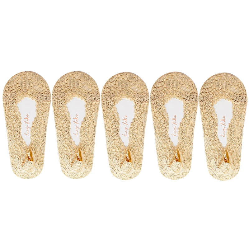 5 Pairs/Lot Socks Women's Ankle Short  No-Show Invisible Foot Summer Thin Cotton Set White Low Cut Boat Lace Silicone Non-Slip