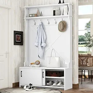 Hall Tree with Bench And Shoe Storage,6-In-1 Hall Tree with Coat Rack And Drawer,Entryway Hall Tree with 4 Hooks And Removable C