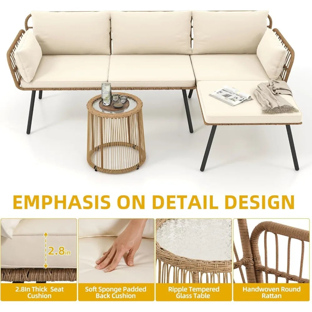 Patio Furniture Set 3 Piece Outdoor Wicker Conversation Set with Detachable Cushions and Coffee Table L-Shaped Sectional Sofa S