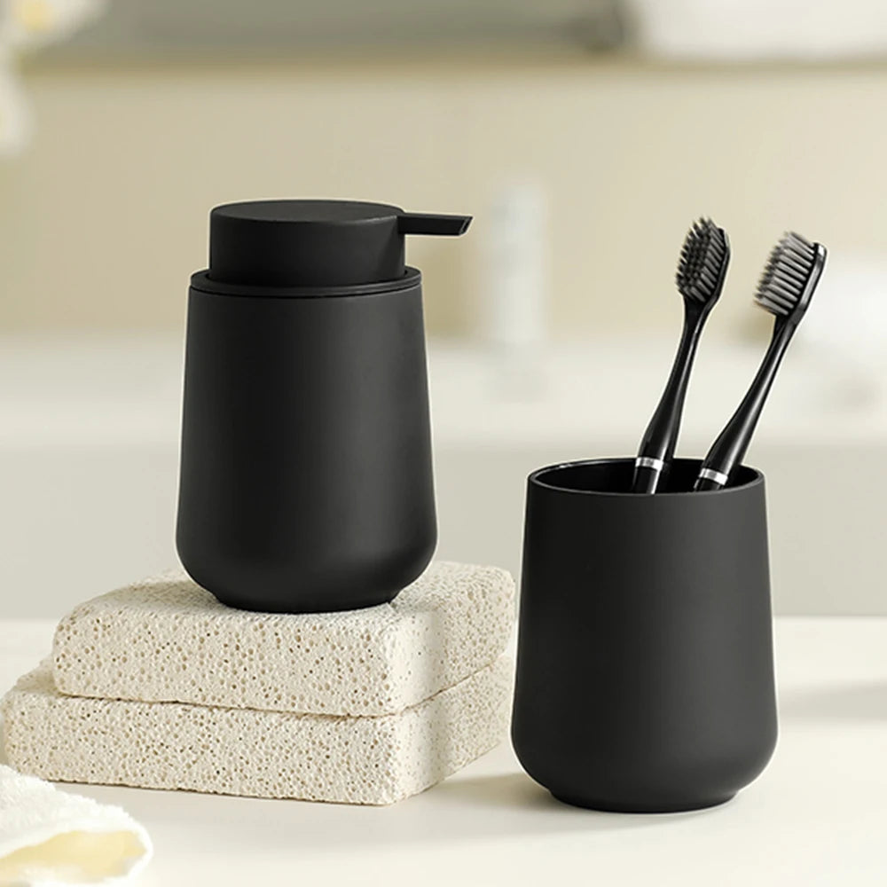 Bathroom Accessory Set - 2-Piece Soap Dispenser and Cup for Bathroom Vanity Decor in Matte Black