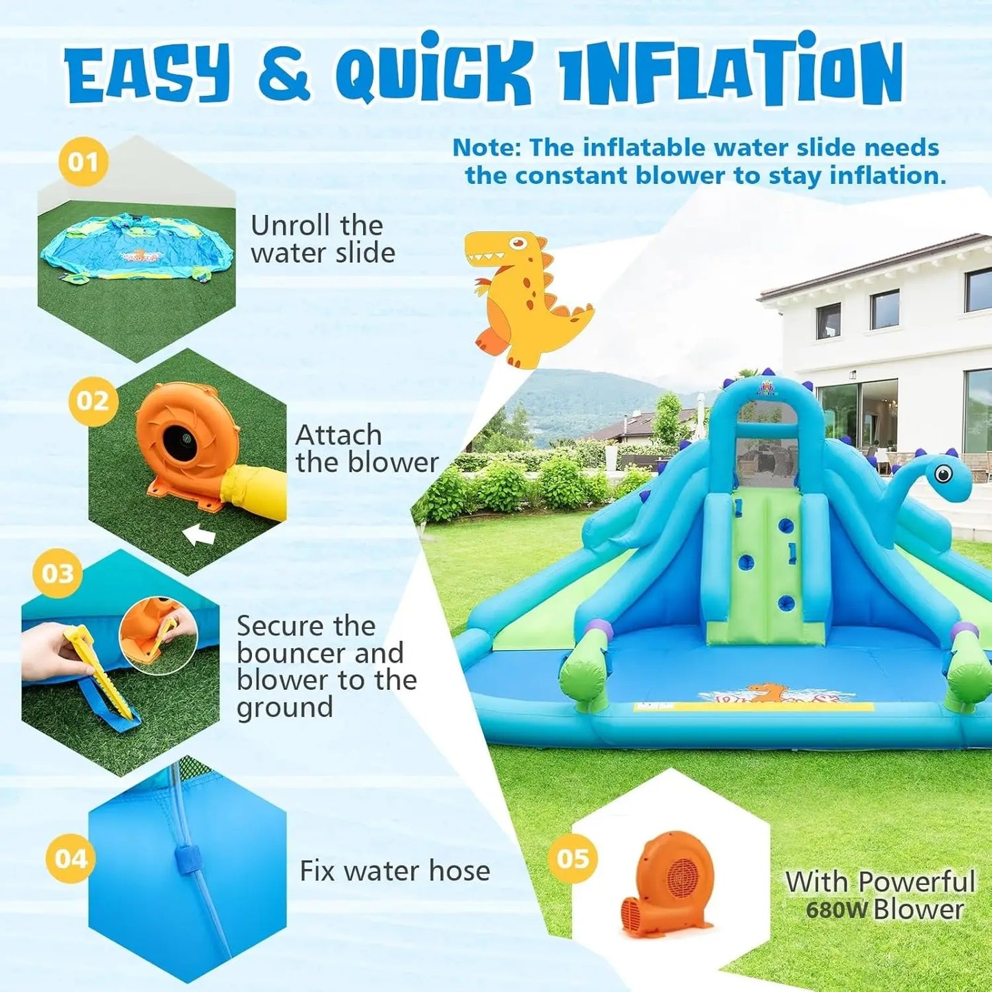 Inflatable Water Slide with Dinosaur, Double Slides Kids Mega Waterslide Park Heavy Climbing Wall for Outdoor Racing, Blow up Wa