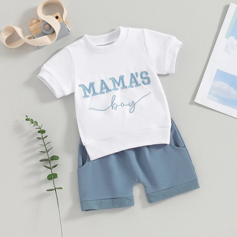 Toddler Baby Boy Summer Clothes Short Sleeve Embroidery Top Solid Color Shorts Cute Infant 2Pcs Baby Boy Outfit Sets