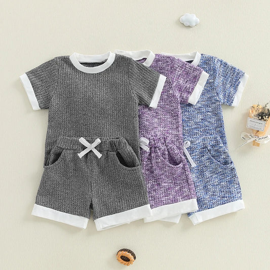 2025-02-21 Lioraitiin Toddler Boy Girl Shorts Set Short Sleeve T-shirts Elastic Waist Shorts Waffle Outfit Casual Summer Clothes