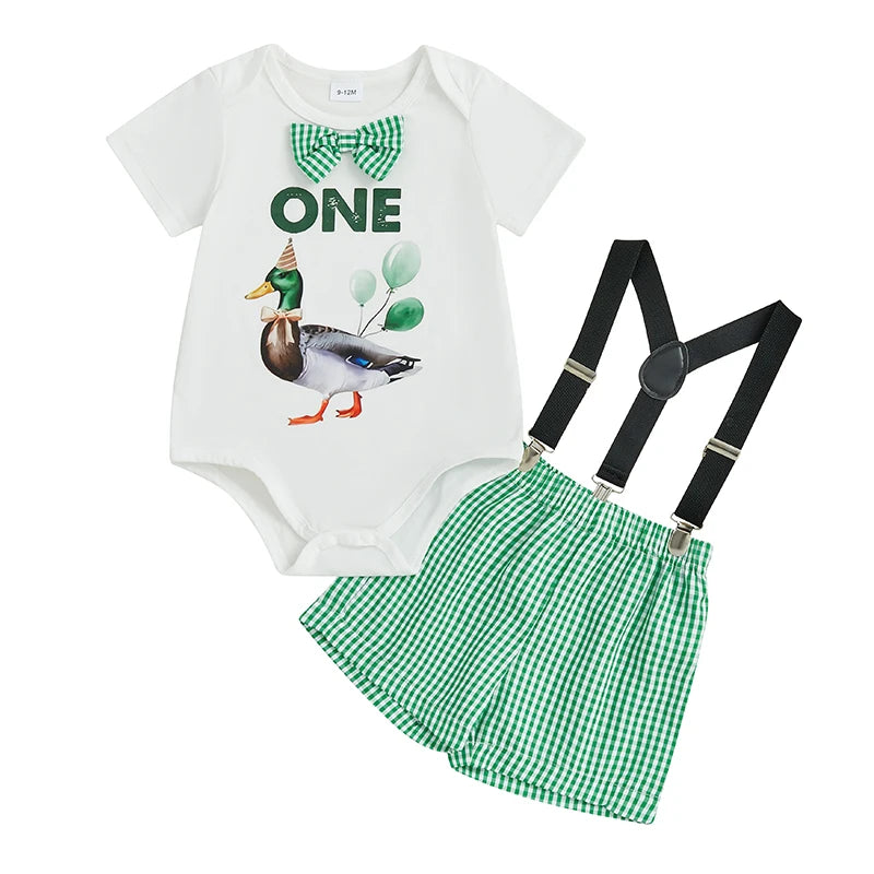 Lioraitiin Summer Baby Boys First Birthday Outfit Short Sleeve Duck Romper with Plaid Leaves Print Overall Shorts Outfit