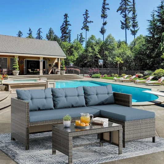 3-Piece Outdoor Patio Furniture Set – Waterproof All-Weather L-Shaped Sectional Sofa with Cushions & Glass Table for Durable Ou