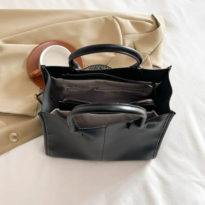 Black Tote Bag For Women Fashion Wide Strap Shoulder Handbag High Quality Pu Leather Bag Coffee Brown Female Brand Commute Bag