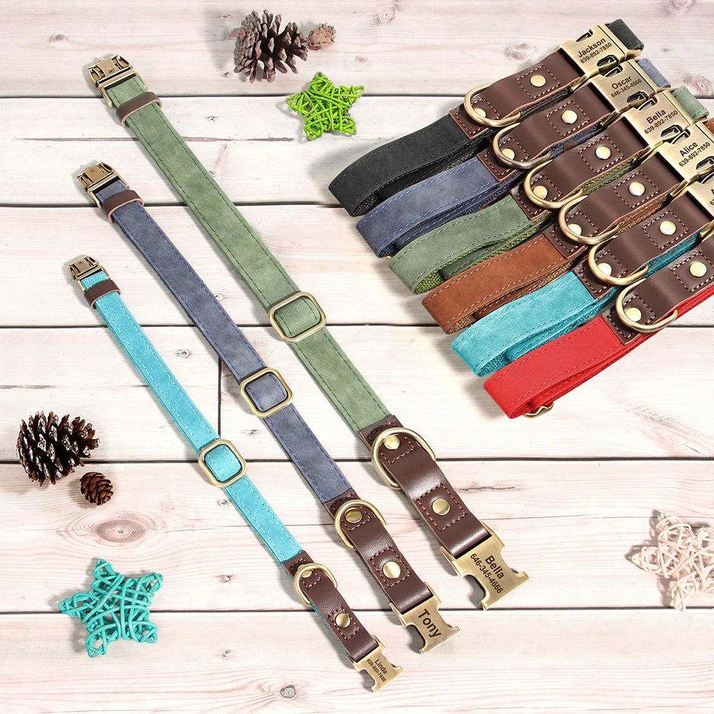 Customized Dog Collar Durable PU Leather Dog Collars Engraved Pet ID Necklace With Metal Buckle for Small Medium Large Dogs Pug