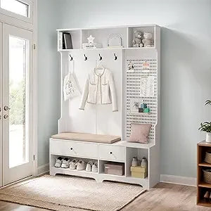 Hall Tree with Bench And Shoe Storage,6-In-1 Hall Tree with Coat Rack And Drawer,Entryway Hall Tree with 4 Hooks And Removable C