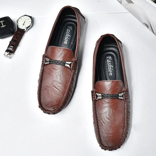 Genuine Leather Mens Loafers Fashion Slip on Soft Flats Simple Moccasin Comfy Handmade Man Driving Footwear Non-Slip Boat Shoes