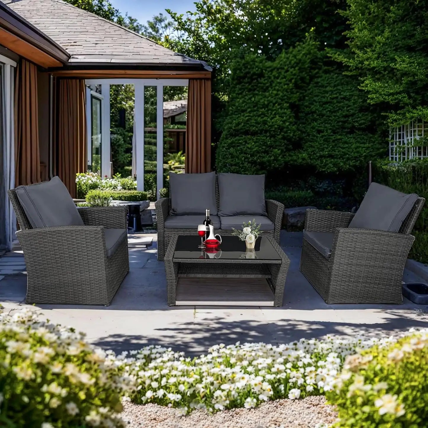 Patio Furniture Set, All-Weather Wicker Sectional Conversation Set with Tempered Glass Table & Cushioned Sofa,Outdoor Sofa