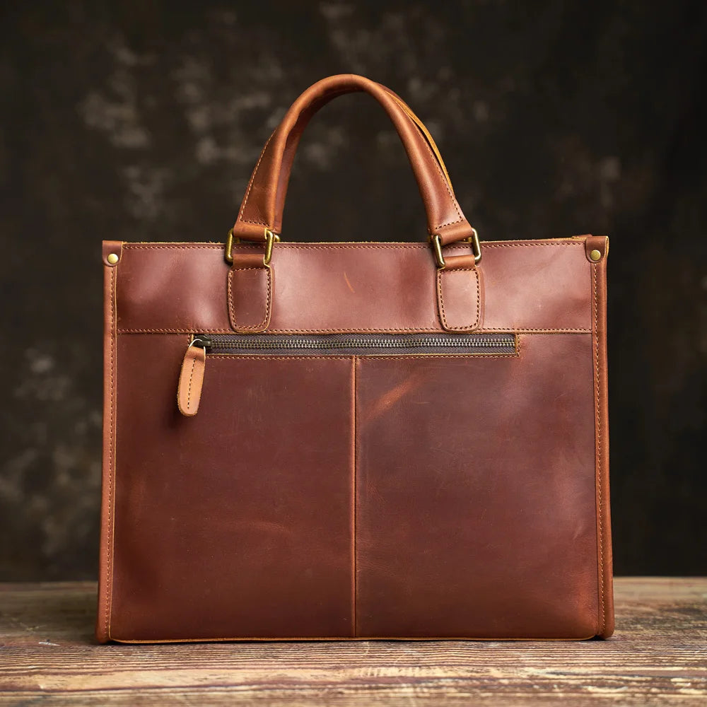 Vintage Men's Briefcase Genuine Leather Casual Trend Handbag High Capacity Shoulder Bag Zipper Pockte For 14 Inch Laptop NUPUGOO