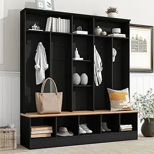 ON-TREND Wide Design Hall Tree with Storage Bench, Minimalist Shoe Cabinet with Cube Storage & Shelves, Multifunctional Coat Rac