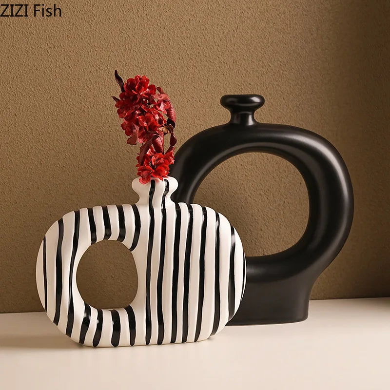 Zebra Stripes Ceramic Vase Artificial Flower Decorative Flowers Pots Desk Decoration Modern Floral Vases Room Aesthetic Decor