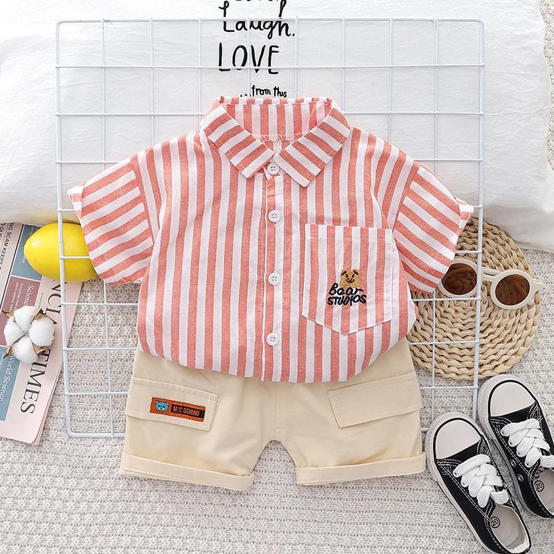 New Summer Baby Boy Clothes Set Toddler Boys Striped Cartoon 2-Piece Outfit with Cargo Shorts Casual Infant Children's Clothing