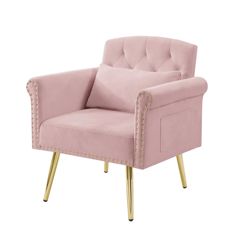 Velvet armchair withwith velvet and 4 gold metal legs，with tufted back and seat，for living room