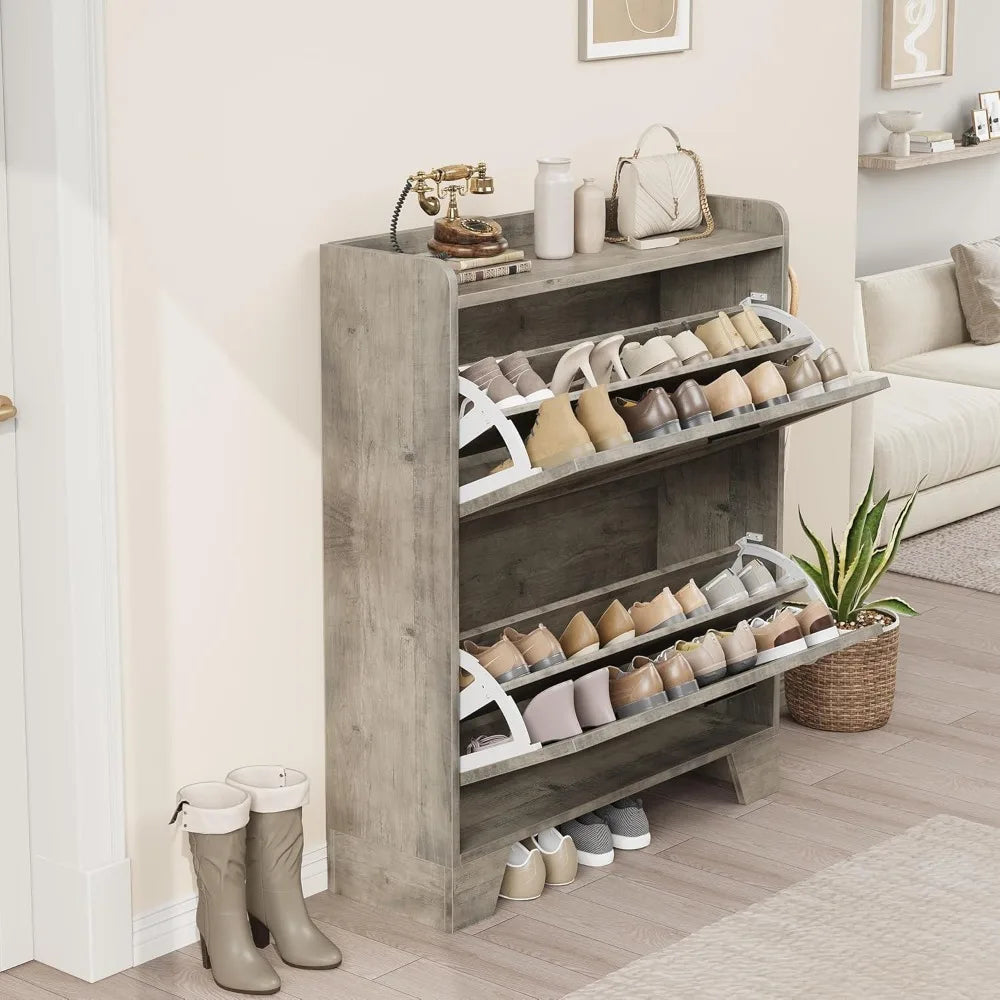 Shoe Cabinet Storage for Entryway, Narrow Shoe Cabinet with 2 Flip Drawers,Freestanding Hidden Slim Shoe Organizer Cabinet with