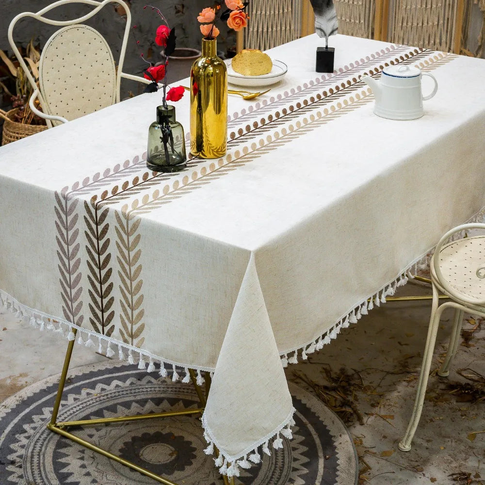 Embroidered Floral Pattern Tablecloth for Dining Table,Dust Proof Spillproof Soil Resistant Cotton Linen Rectangle Table Cover