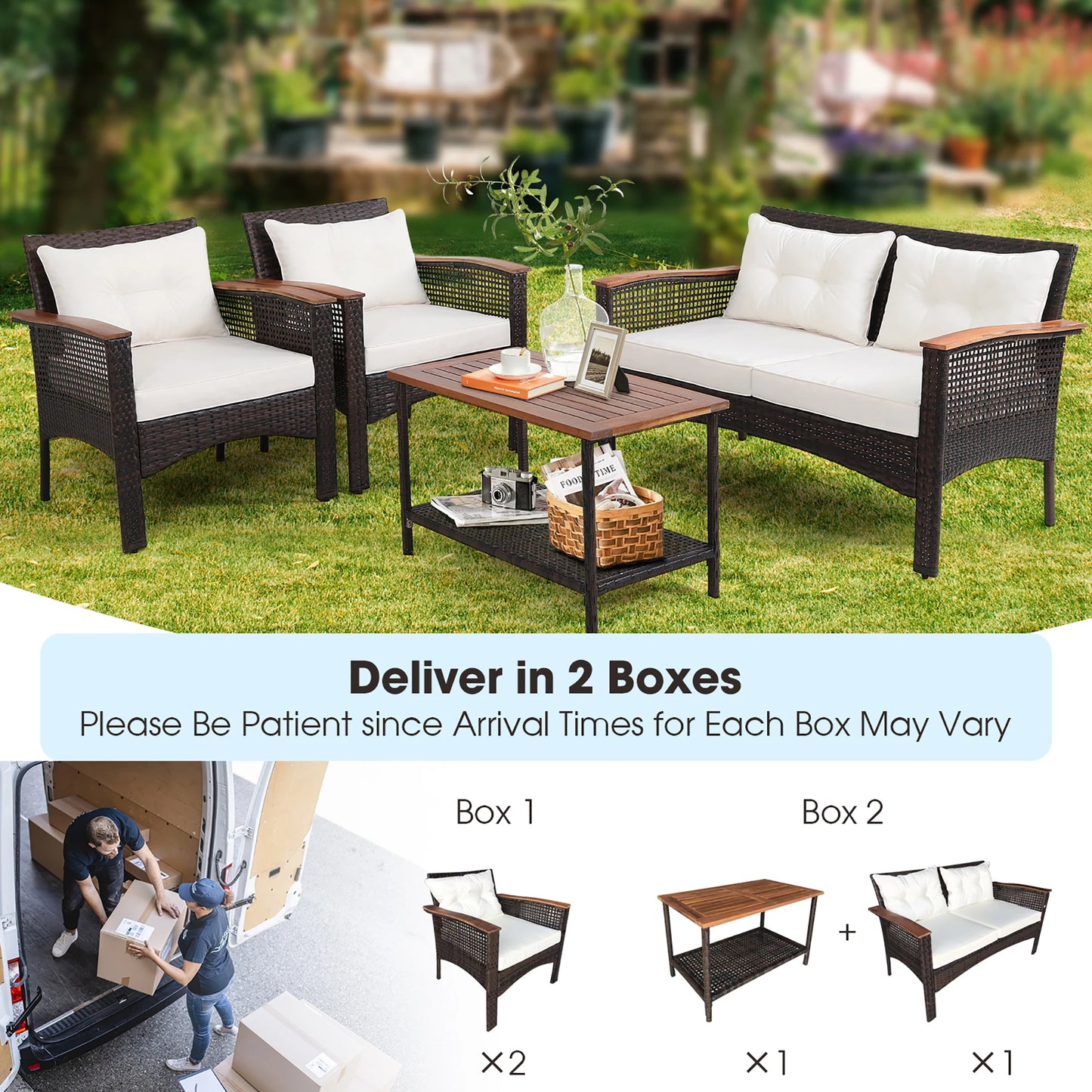 4PCS Patio Rattan Acacia Wood Furniture Set Cushion Sofa Armrest Deck