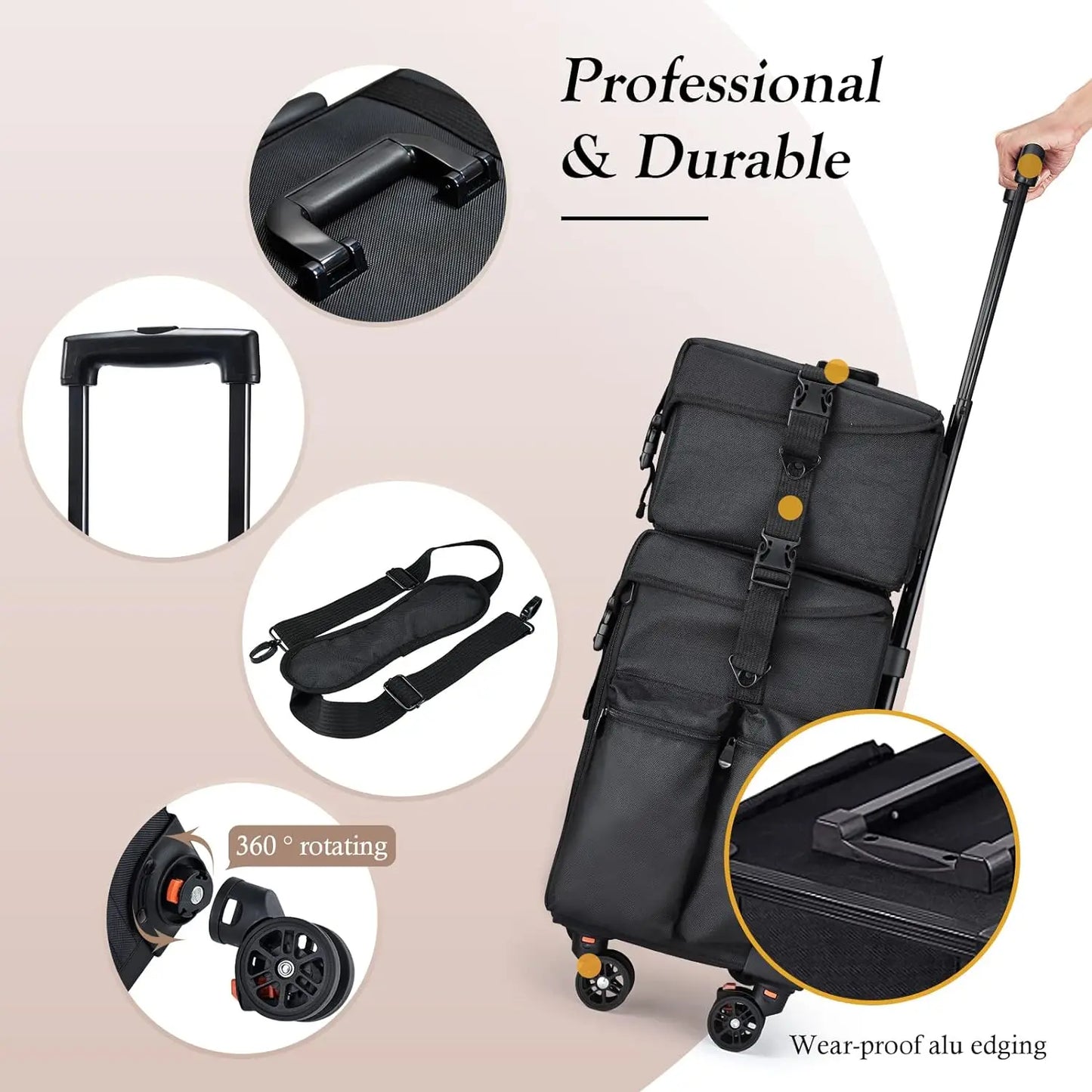 Professional Makeup Case, 2in1 Travel Rolling Case Soft Sided Cosmetology Train Case with Wheels Makeup Artist Cosmetic Organize