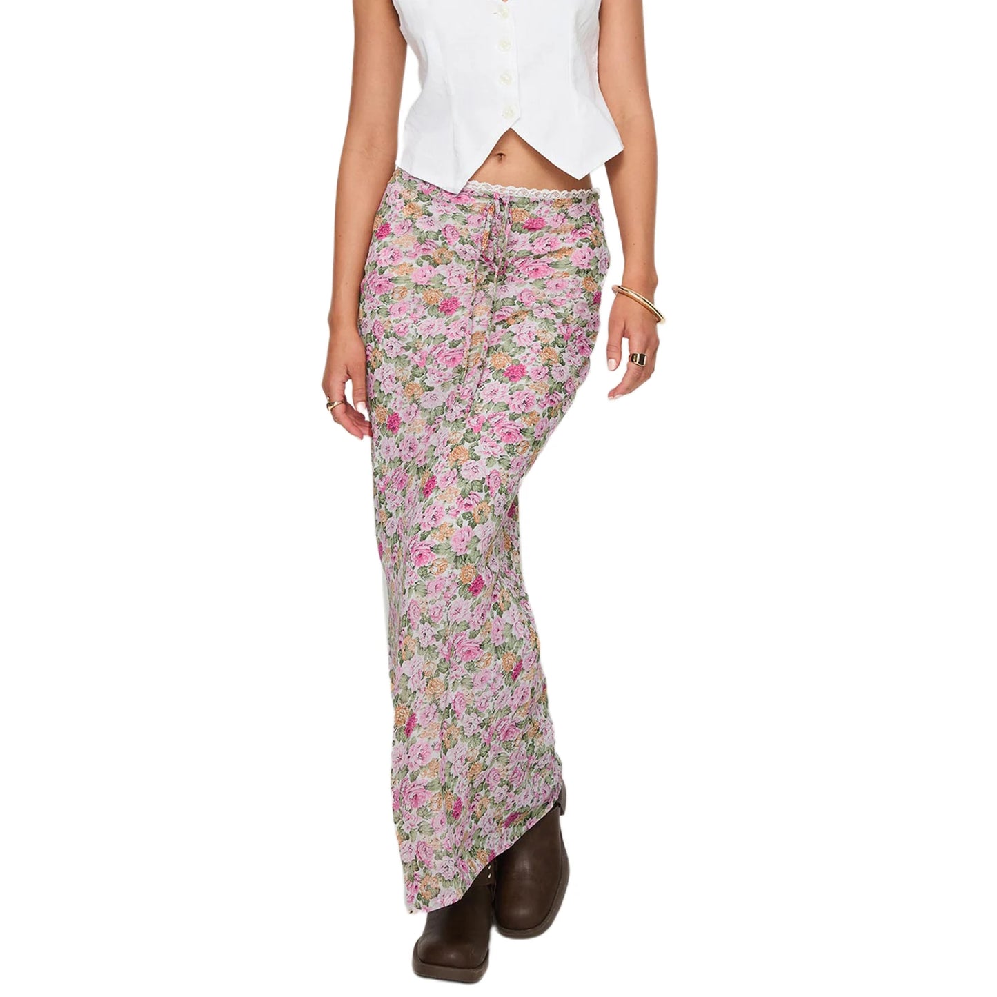 Women s Boho Maxi Skirt with Ruffle Hem and Tie Waist Elegant Floral Print Long Skirt for Summer Beach Vacation