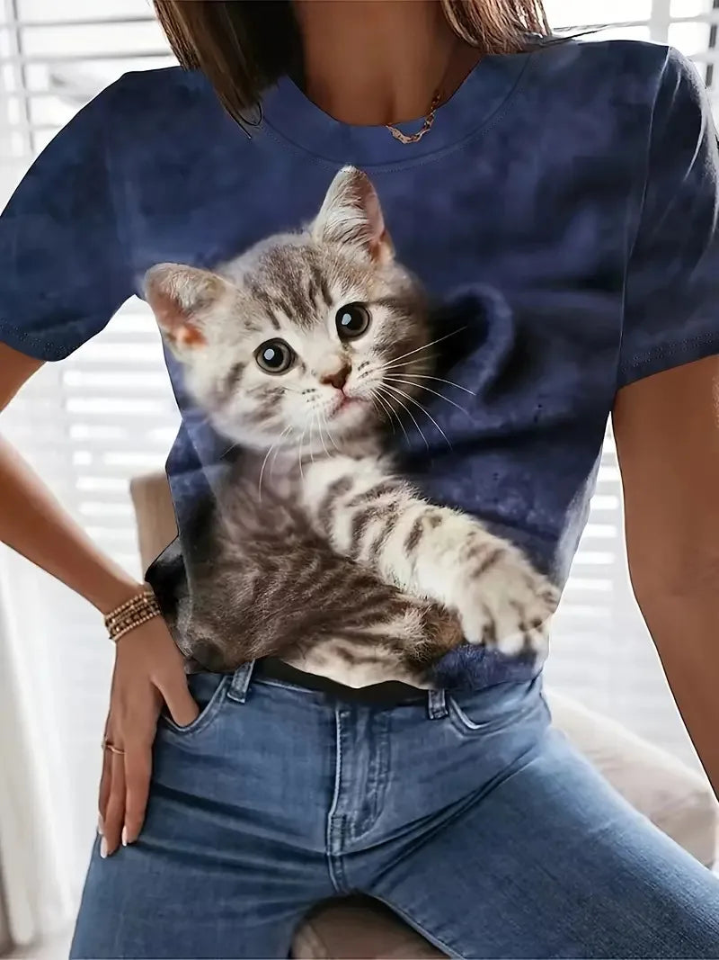 Plus Size Women's Clothing 3D Cat Print Crew Neck T-shirt Casual Loose Short Sleeve Summer T-Shirts Tops Women's Clothing
