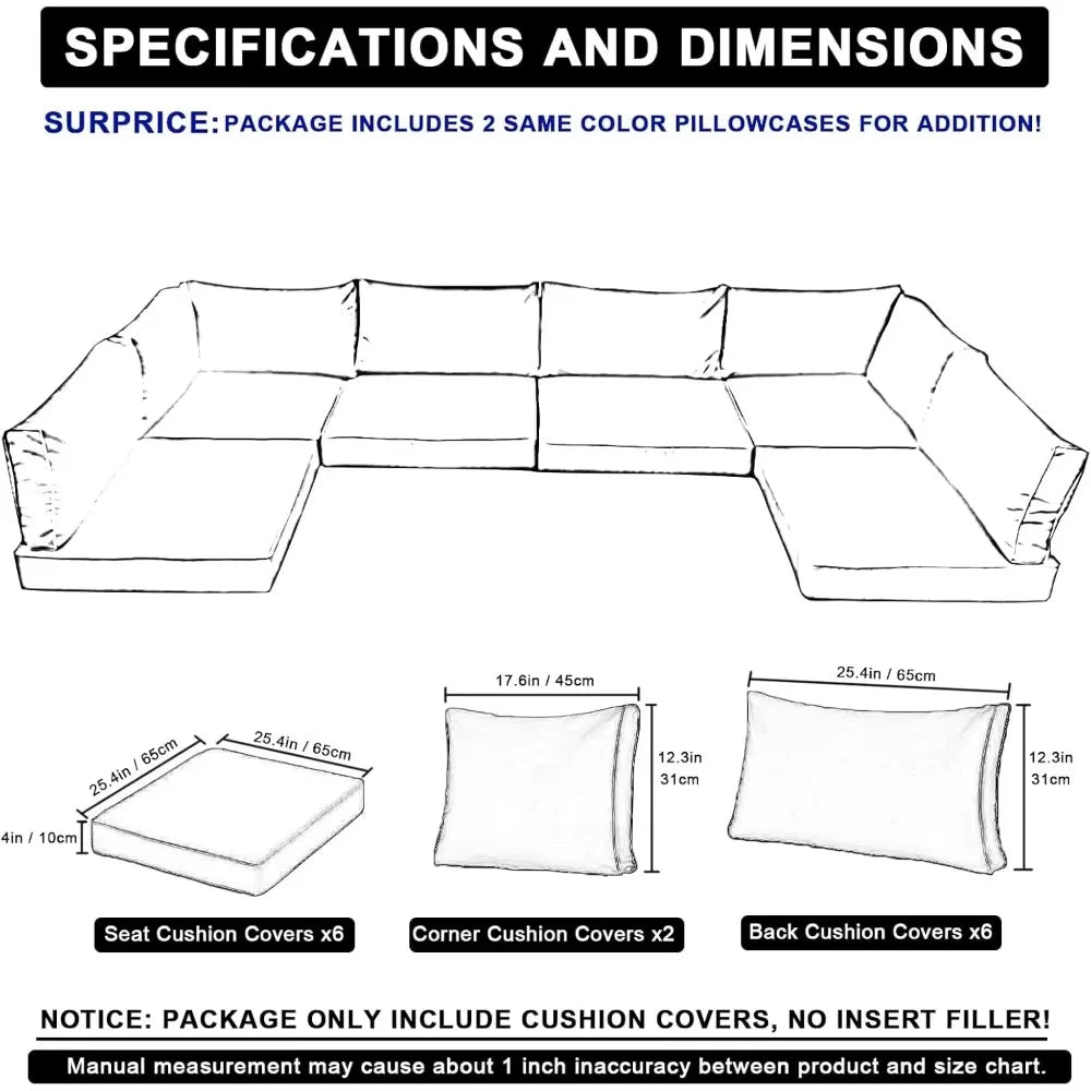 Outdoor Replacement Cushions for Patio Furniture,14-Piece Patio Water-Resistant Replacement Sofa Cushions，Fits 6-seat