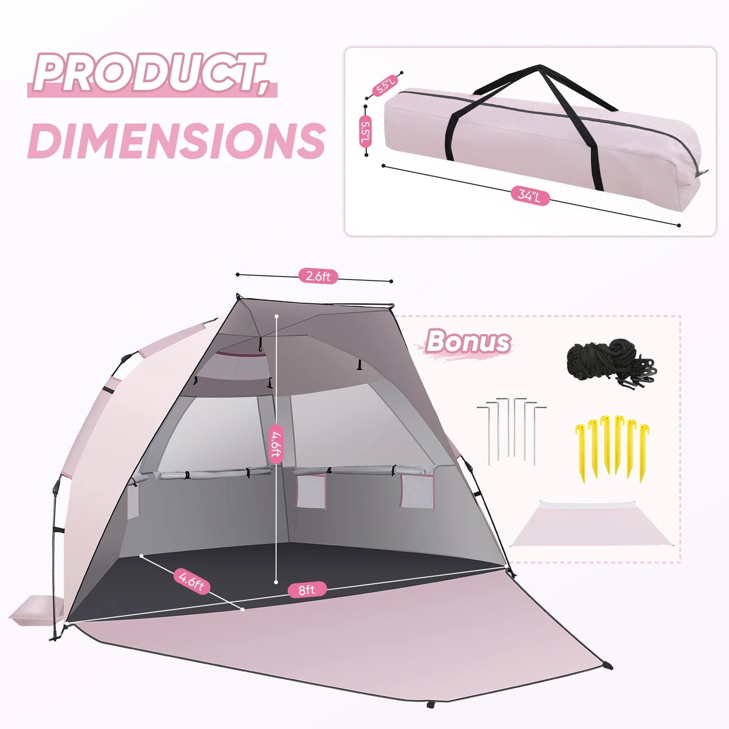 Beach Tent Sun Shelter Pop up Beach Tent Canopy for 4/5/6 Person with Protection, Easy Setup Portable Shade Sun Shelter Canopy