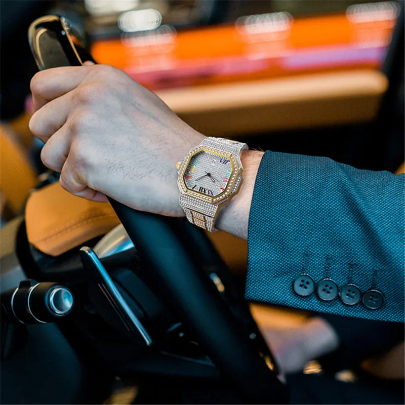 Original Big Brand Watches For Men Fashion Casual Alloy Band Hip Hop Diamond Luxury Golden Date Quartz Watch Relogio Masculino