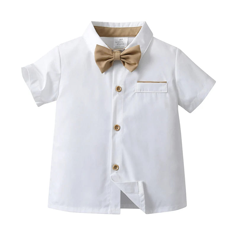 Baby Boy Clothes Set Summer Short Sleeve Shirt Bowtie +Suspenders Shorts 3pcs Kids Birthday Party Children Gentleman Suit