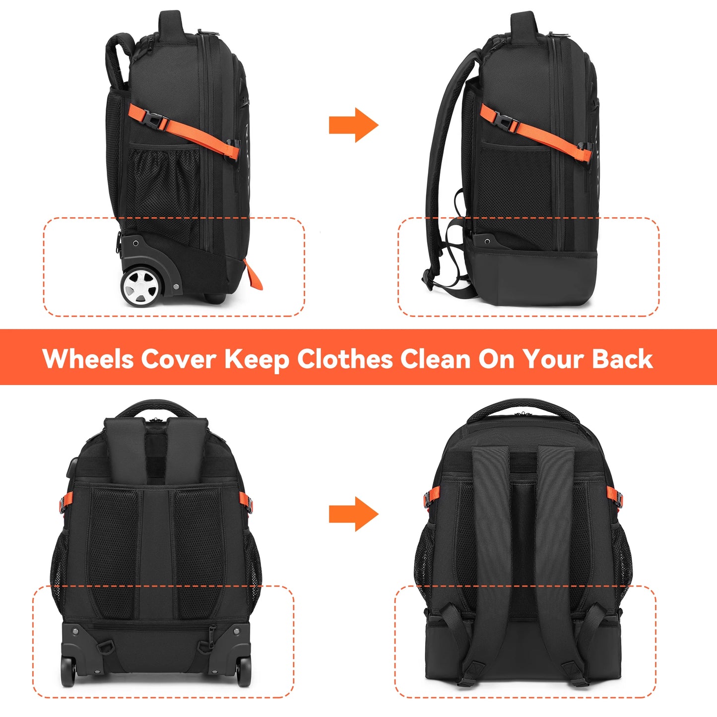 Rolling Backpack 18 inch Laptop Travel Backpack with Wheels Hidden Pull Rod Waterproof Carry On Luggage for Business Travel
