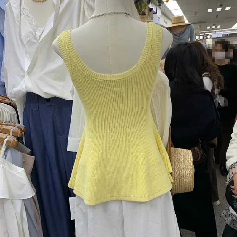 Women Clothing Summer Fashion Casual Simplicity All-match Fashionable Solid Color O-neck Waist Fish Tail Sleeveless Camisole Top