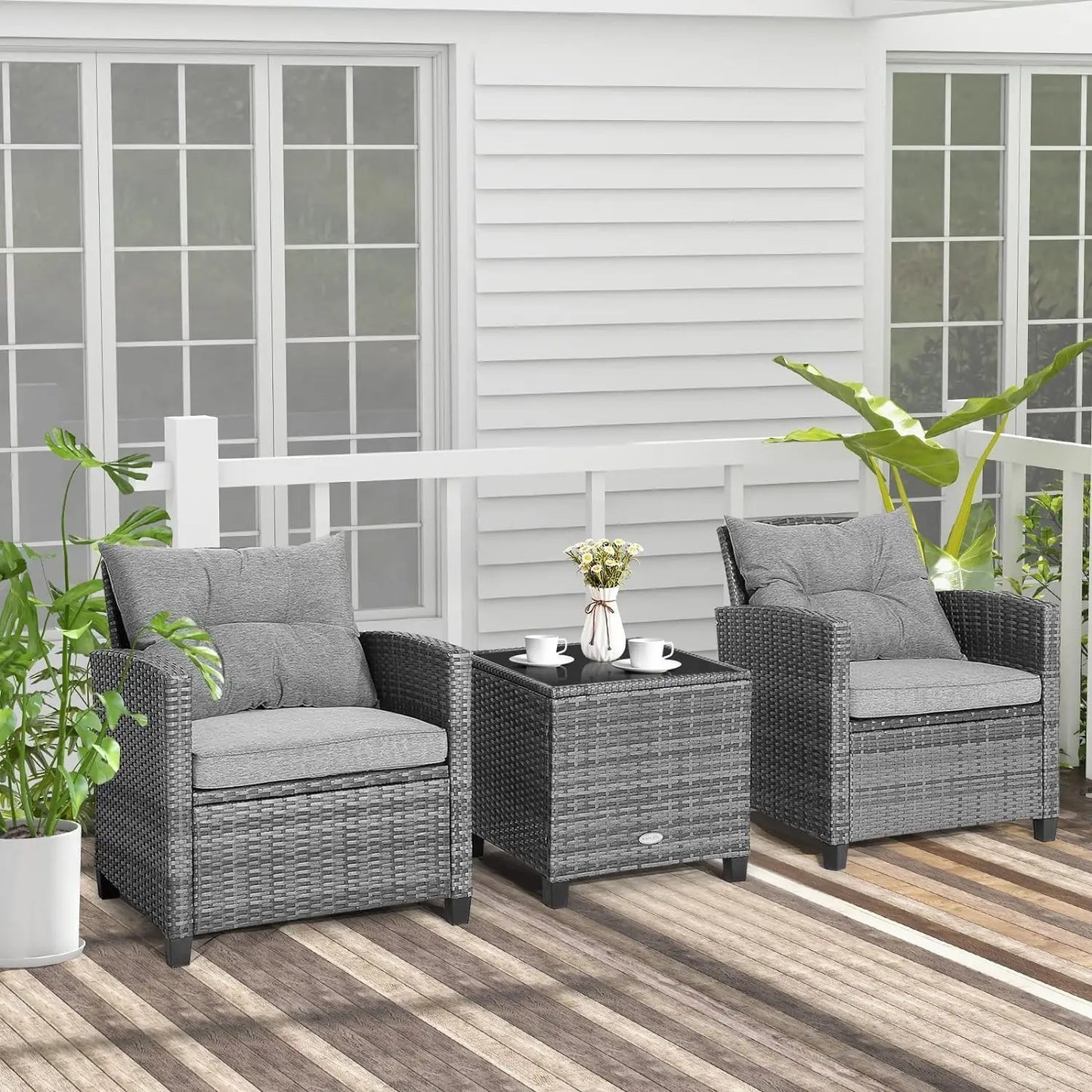 LDAILY Patio Furniture Set, 3 Pieces PE Rattan Wicker Patio Sofa Chairs with Washable Cushion & Glass Table, Outdoor Furniture C