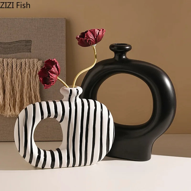Zebra Stripes Ceramic Vase Artificial Flower Decorative Flowers Pots Desk Decoration Modern Floral Vases Room Aesthetic Decor
