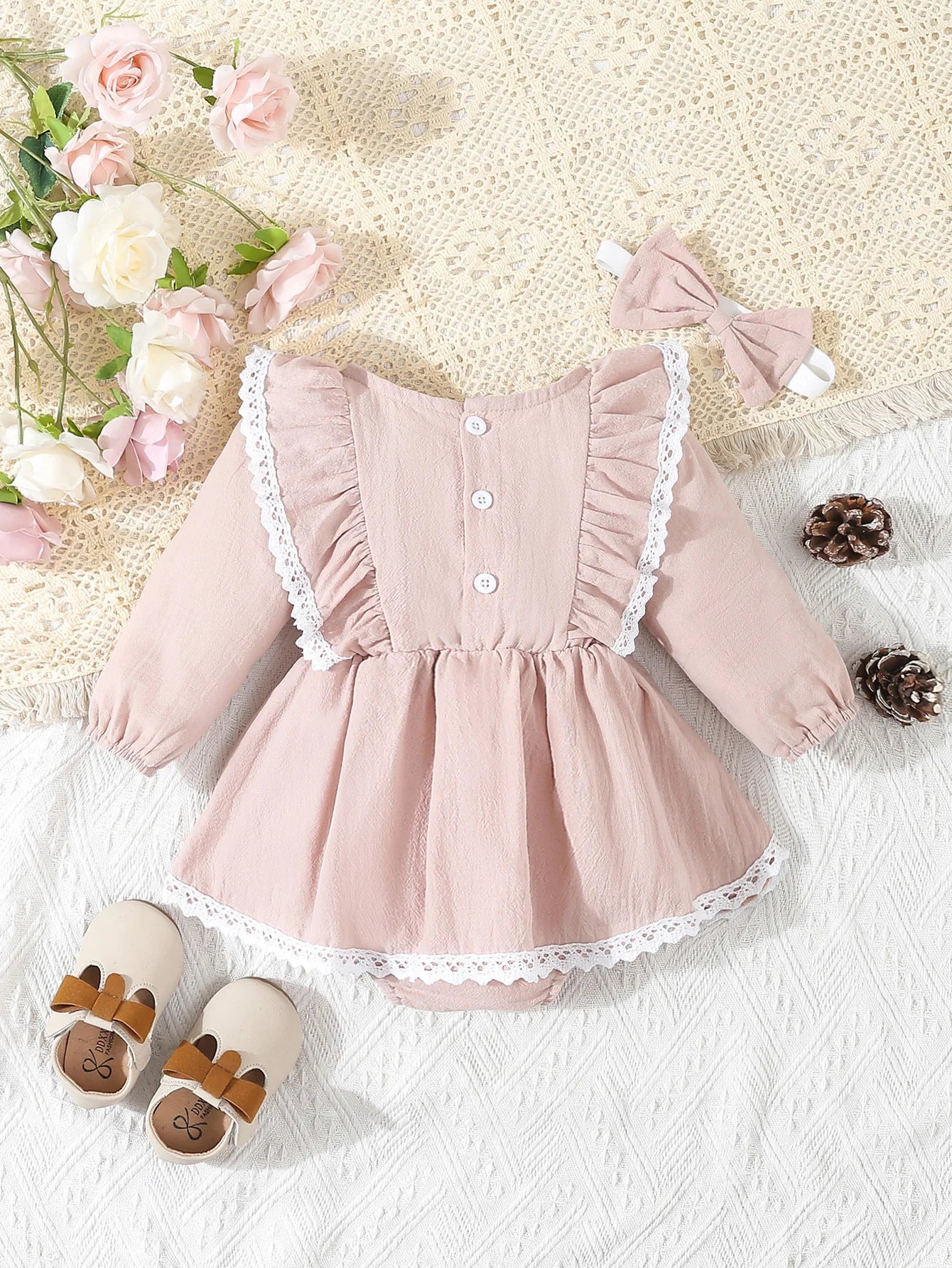 Baby Girl‘s  Clothes 2Pcs Cute Lace Ruffled Long Sleeve Cotton Dress  Headwear Toddler Girl's Clothing Outfit Set