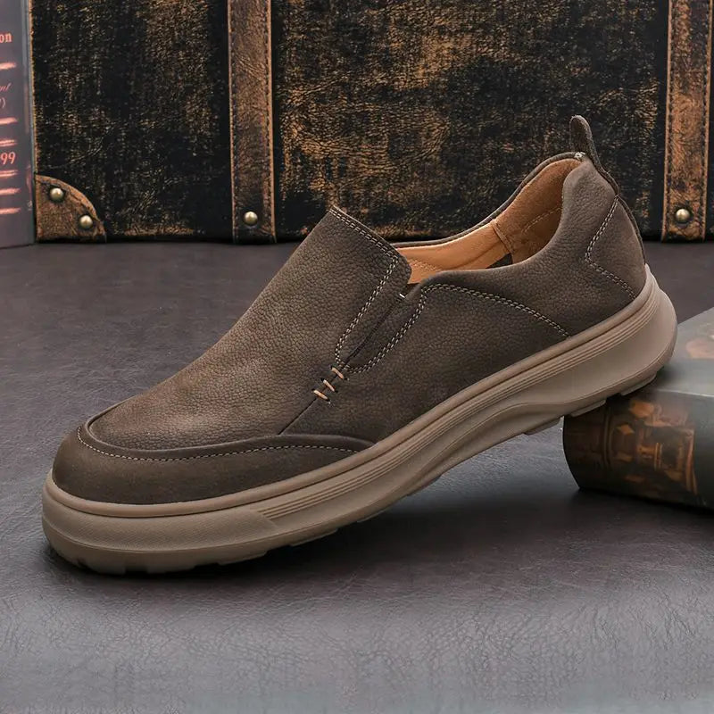 LIHUAMAO thick outsole cow leather Slip On Loafers Men Shoes Casual Walking Sneakers outdoor work shoes footwear