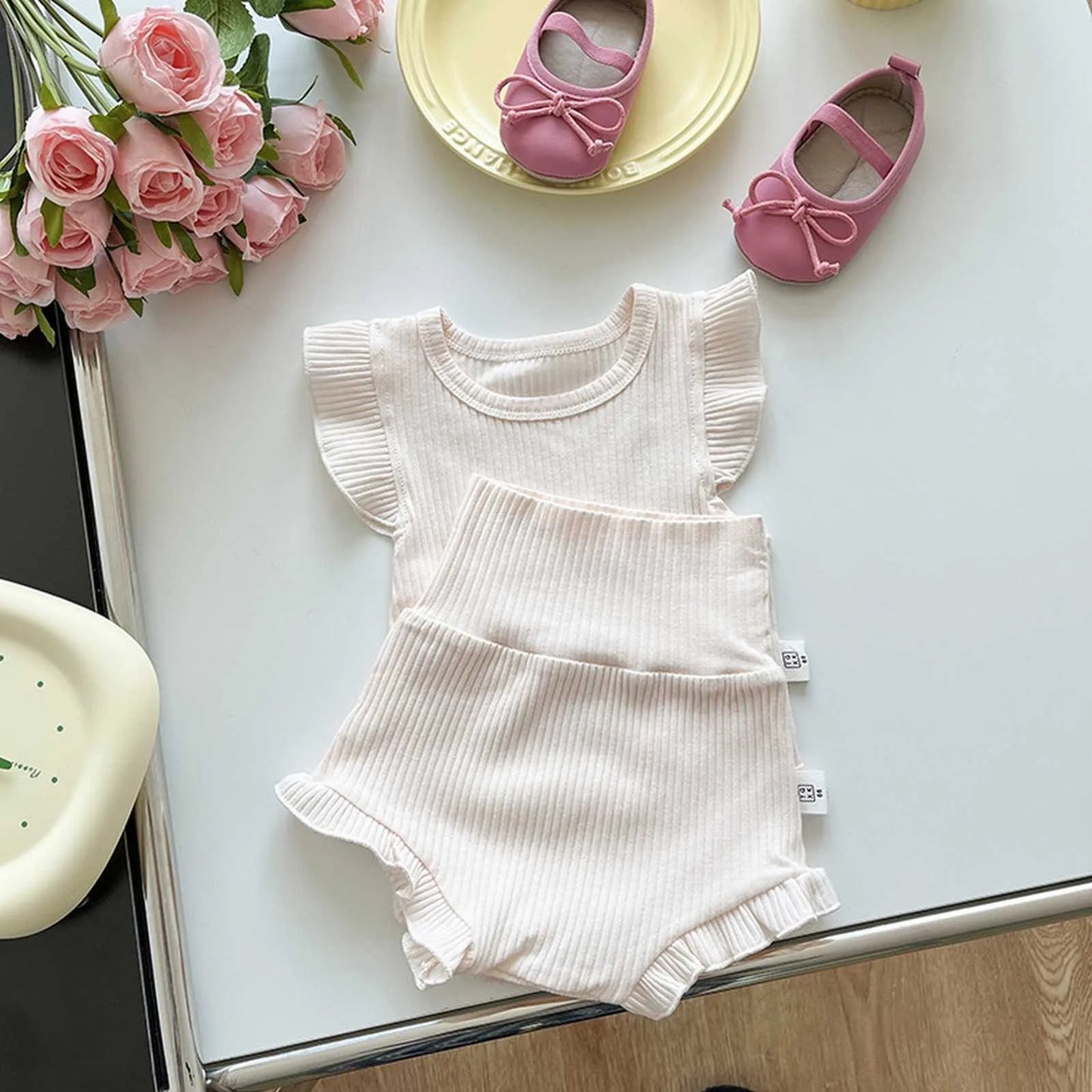 Summer Baby Suit Toddler Boys Girls Ruffle Romper+High Waist Shorts Solid Color Two Pieces Outfits Children's Home Clothes Set