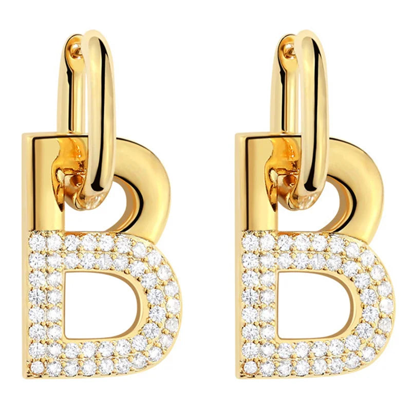 New 2022 Popular 14K Glog Plated Letter B Dangle Earrings Women's Statement Jewellery Micro-Set Rhinestones Unusual Earrings
