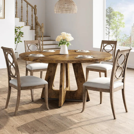 Round Large Dining Table Farmhouse Dinner Table with Wooden Top and Legs for Home Dining Room