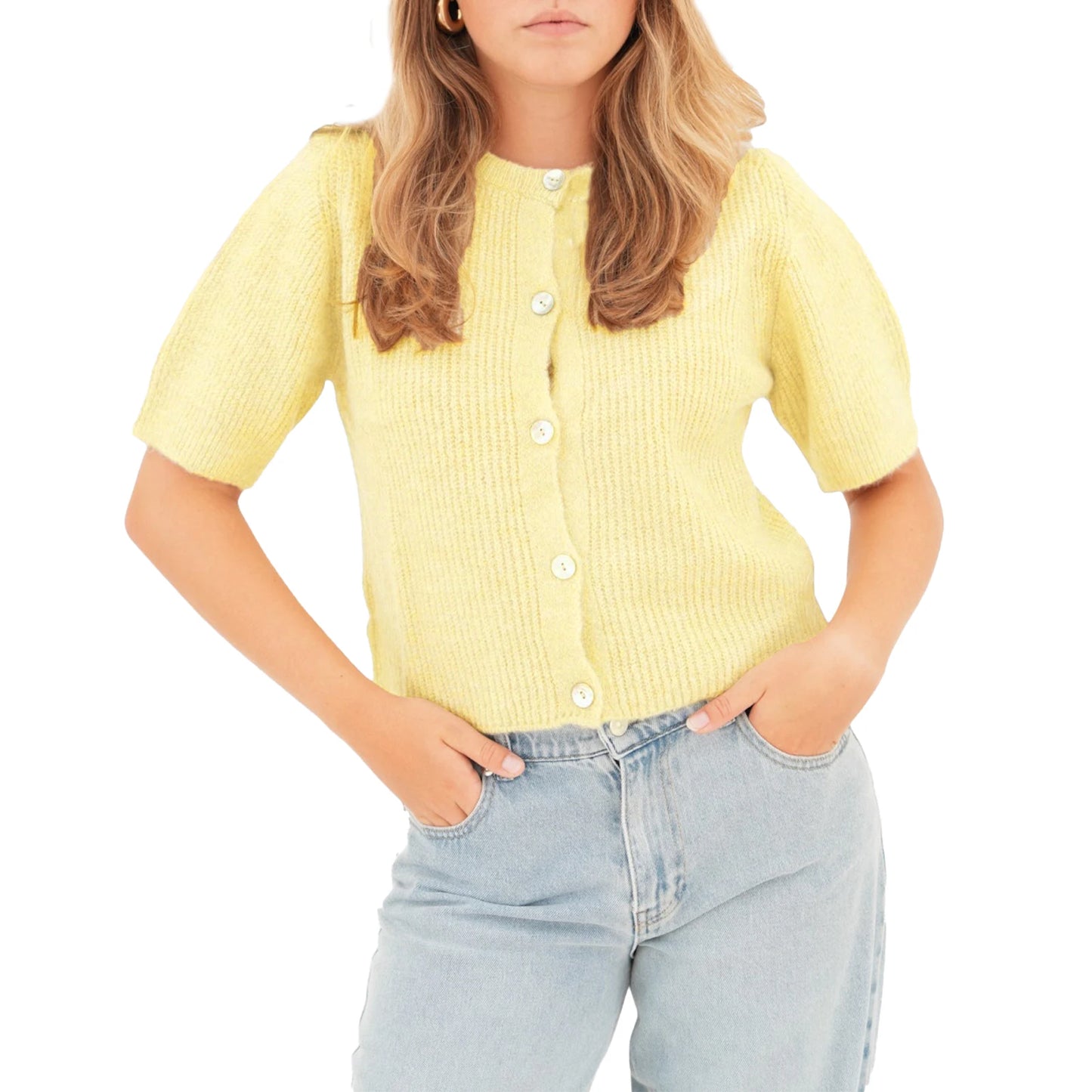 Women s V-Neck Button Down Knit Cardigan Sweater Solid Color Ribbed Loose Fit Short Sleeve Cropped Pullover Top