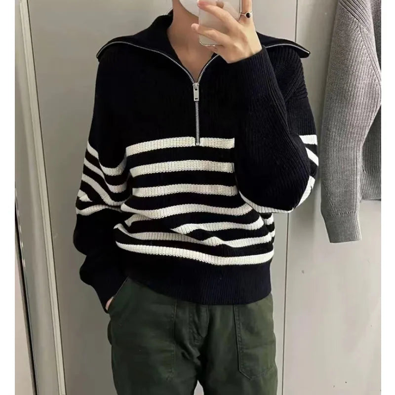 Women's Turtleneck Loose Lapel Striped Knitwear sweater Women Pulovers New Simplicity Half Zipper Casual Women's sweatshirt 2025